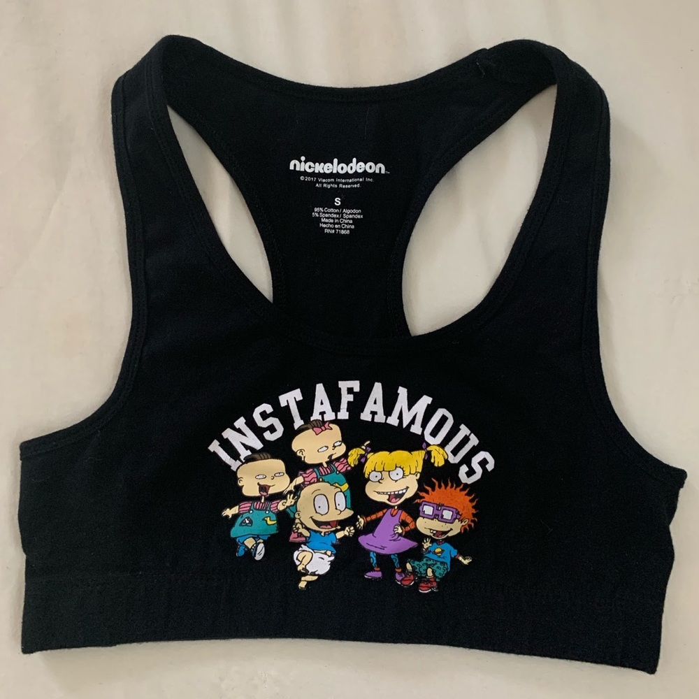 RUGRATS sports bra with “Instafamous” caption